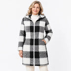✨【S-3XL】Női hosszú, megfordítható, cipzáras kardigán/kabát - műszőrme és kockás minta (ősz/tél)