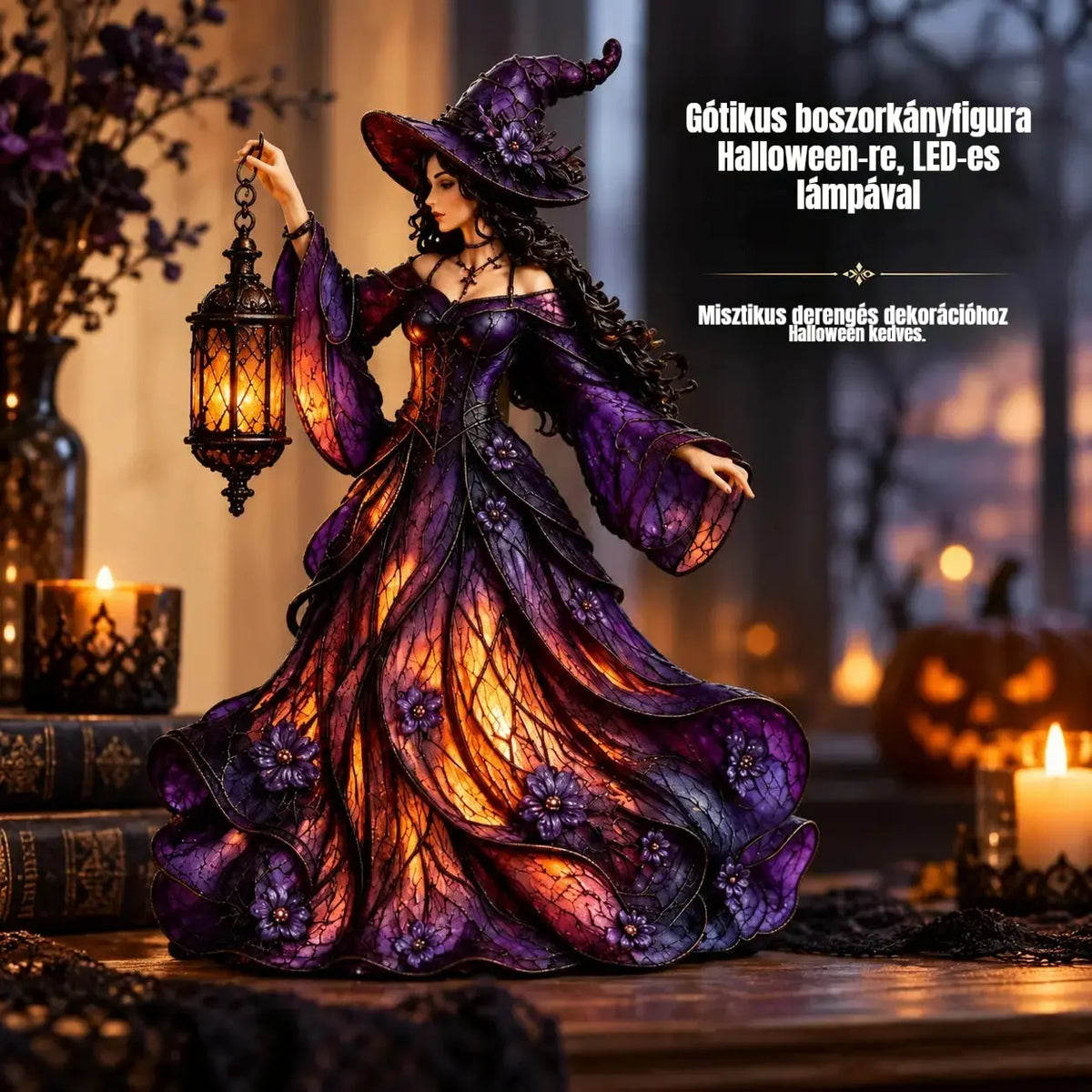 【Korlátozott ideig 50% kedvezmény!】🧙‍♀️ Gótikus halloweeni boszorkányfigura LED lámpással 🧙‍♀️