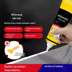 Sárga és fekete műanyag agyagpalack, 125 ml, szórófejjel, kupakkal és kis kaparóval.
