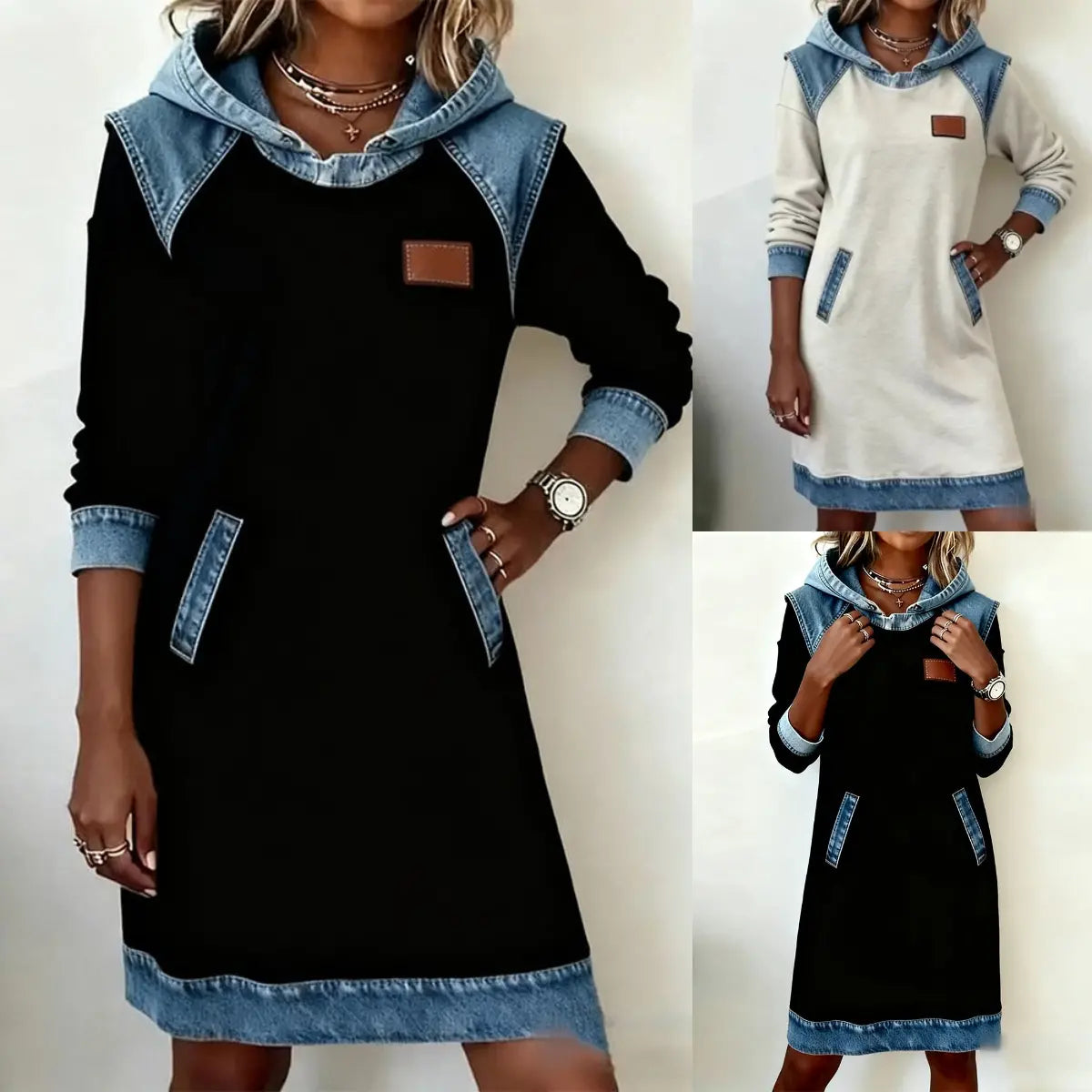 🔥【50% kedvezmény】🌷🌞 Új téli kollekció: Divatos, patchwork stílusú farmer kapucnis ruha