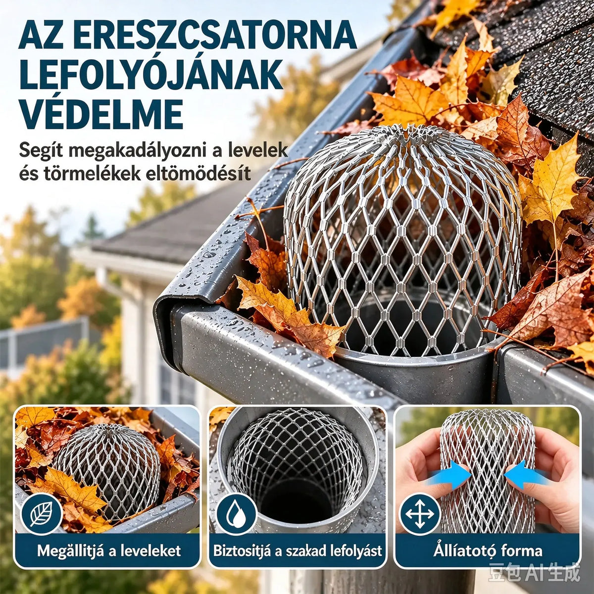 🍂 10 elemes készlet: Háló, amely megvédi az ereszcsatornákat és lefolyócsöveket az eltömődéstől · Alumíniumötvözet · Állítható forma · Könnyű összeszerelés – nincs szükség szerszámokra!