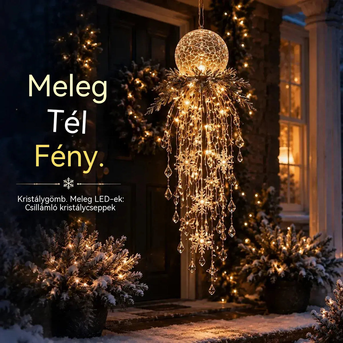 【50% KEDVEZMÉNY】 Függeszthető karácsonyi hópehely és kristály LED-fény | Varázslatos fény a verandára