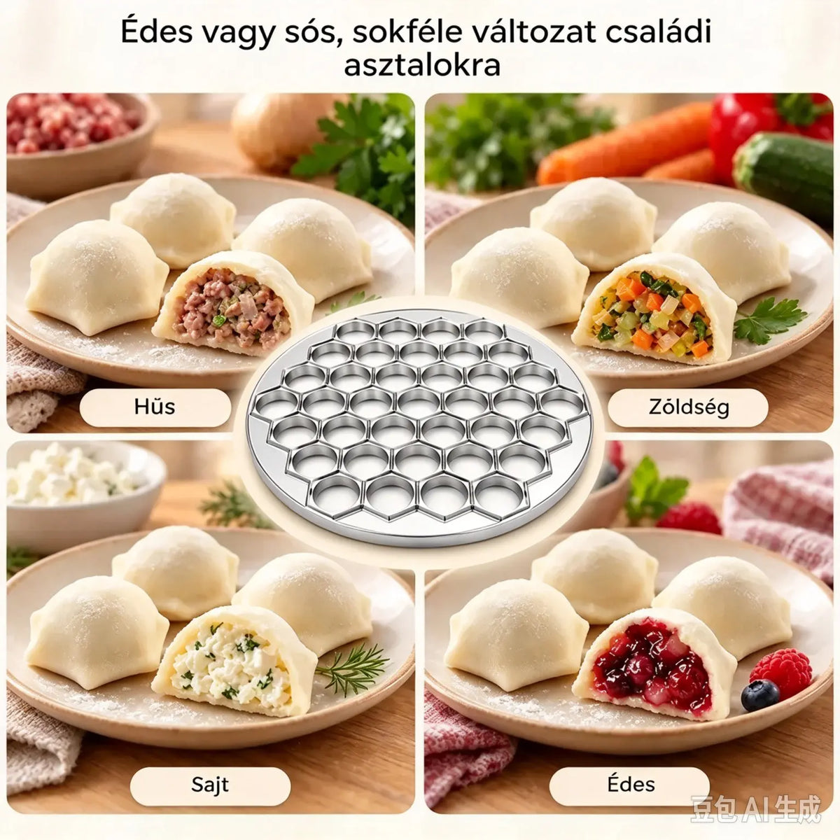 🥟 Készíts pierogit vagy pelmenit másodpercek alatt! 37 darabos forma · Egyetlen prés 37 egyforma darabot eredményez · Hatékony, gyors és könnyen tisztítható!