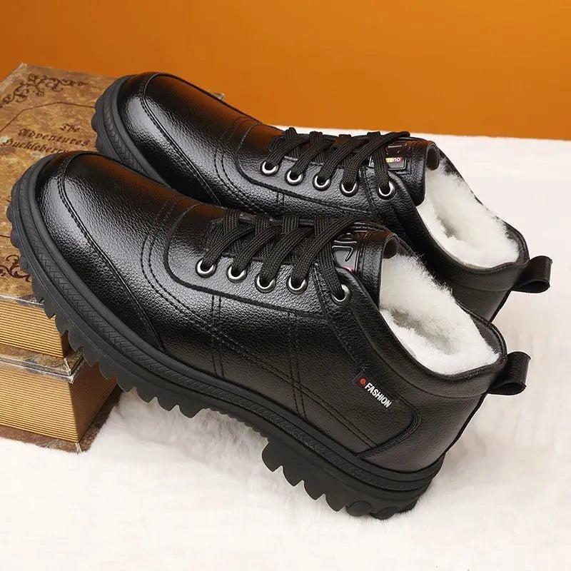 👞【39-44】 Vastag, bolyhos és meleg vastag talpú férfi bőr cipő télen