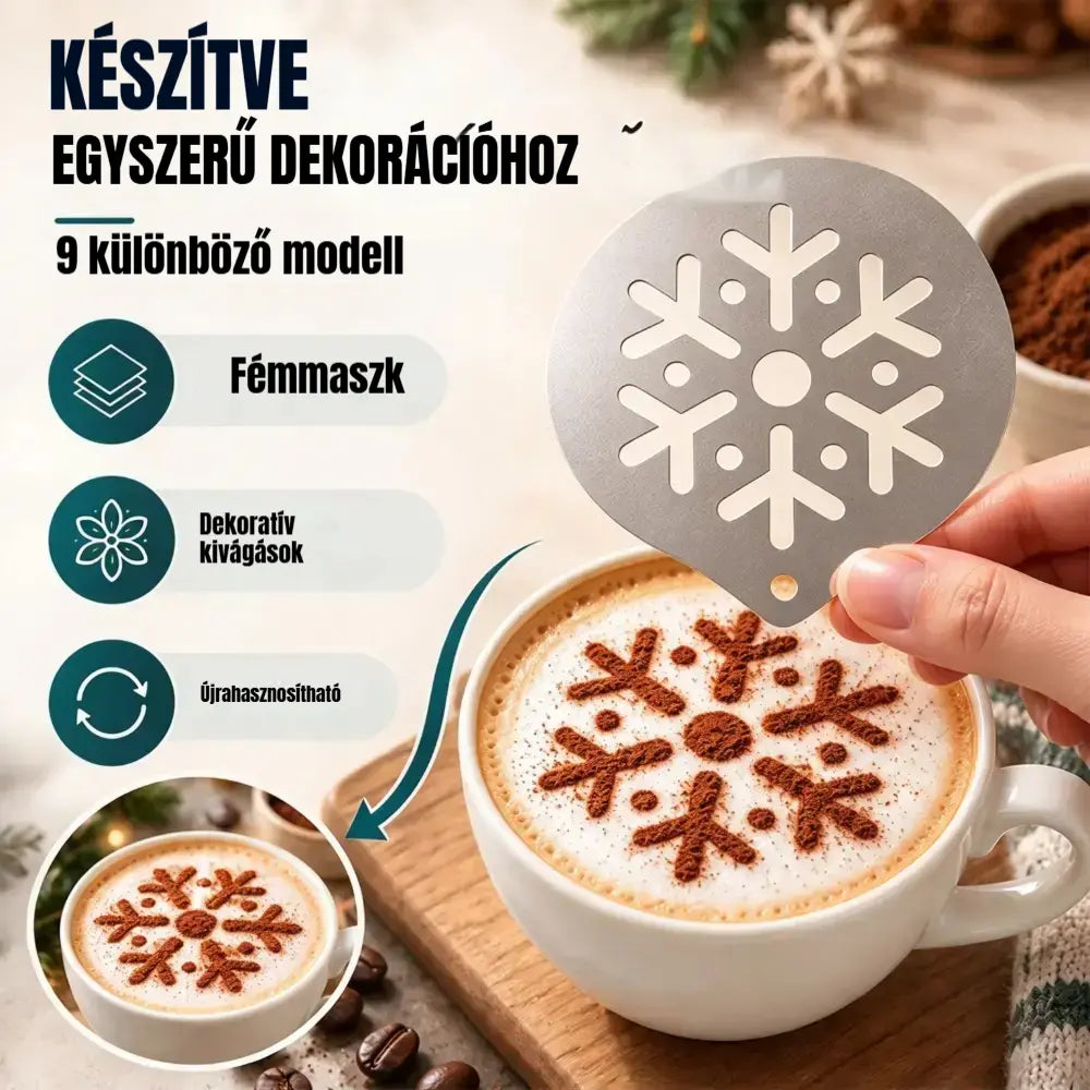 【50% kedvezmény!】☕【9 tétel 8400 Ft】 Rozsdamentes acél sablon kávé-latte art készítéséhez