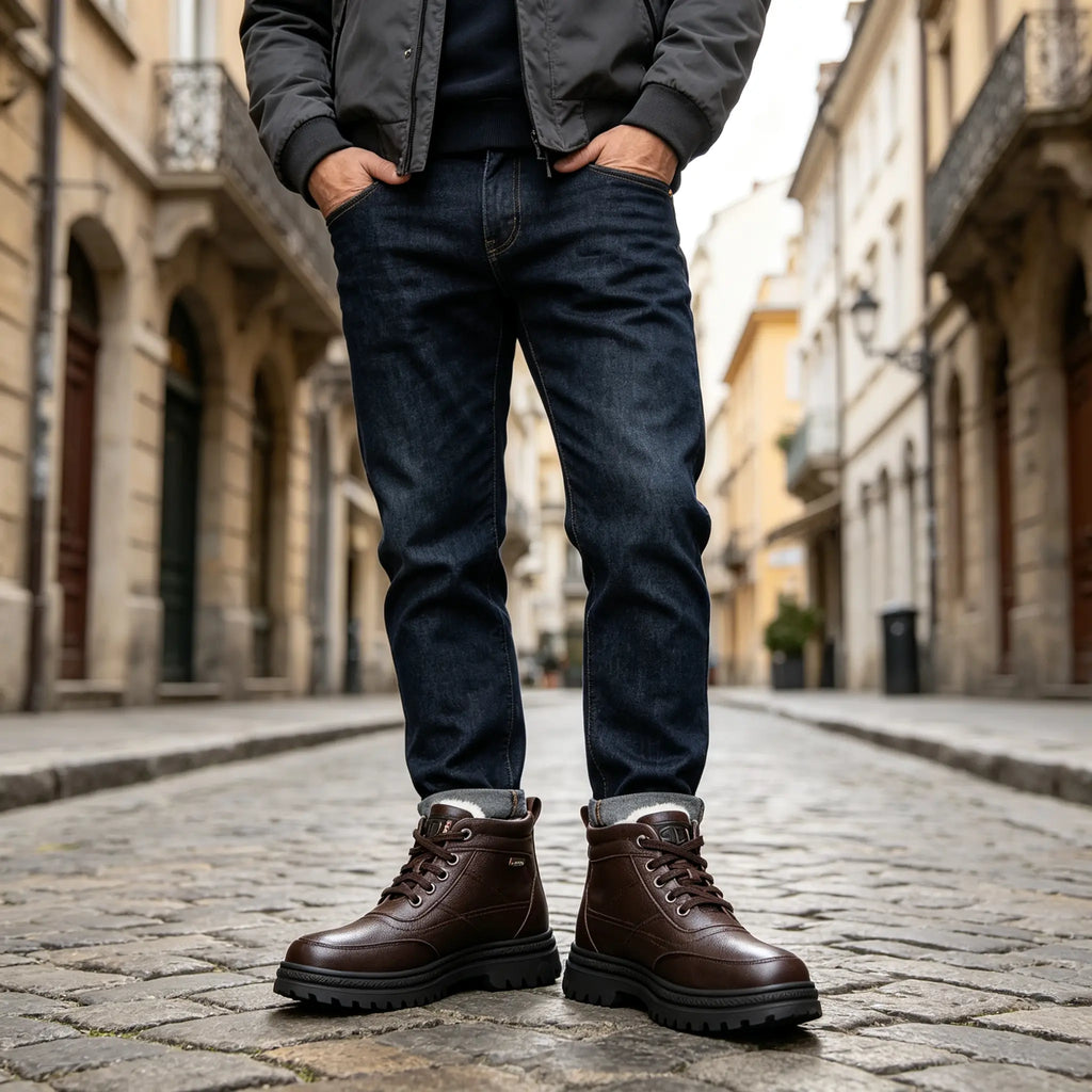 👞【39-44】 Vastag, bolyhos és meleg vastag talpú férfi bőr cipő télen