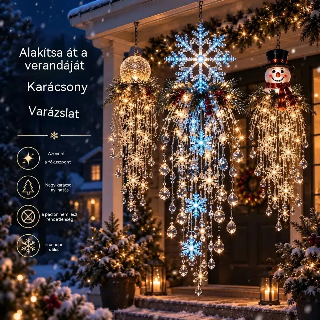 【50% KEDVEZMÉNY】 Függeszthető karácsonyi hópehely és kristály LED-fény | Varázslatos fény a verandára