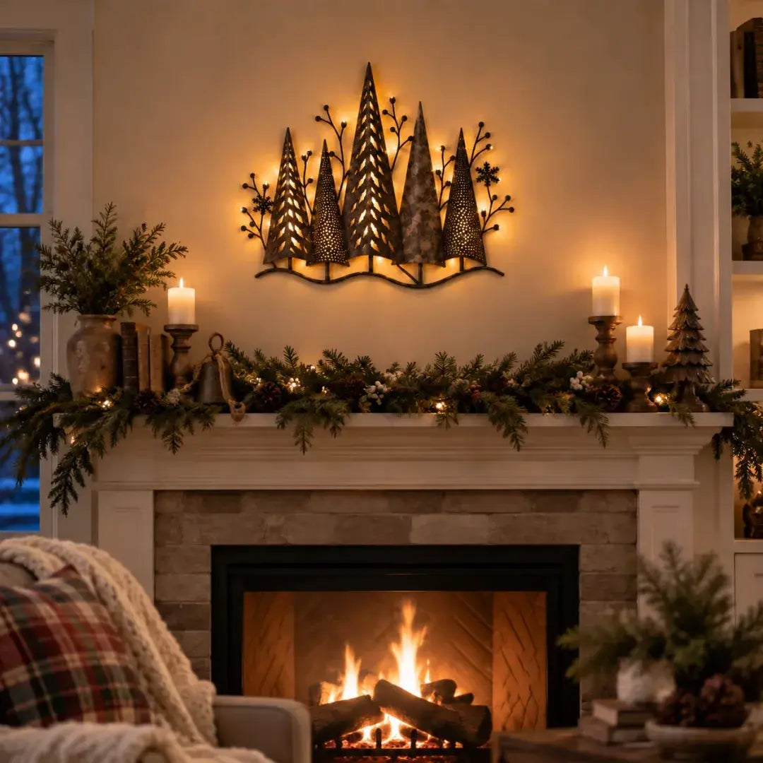 【Időszakos féláras ajánlat!】🎄🕯️ Erdőmotívummal és vintage ihletésű, megvilágított fém fali dekoráció 🌙