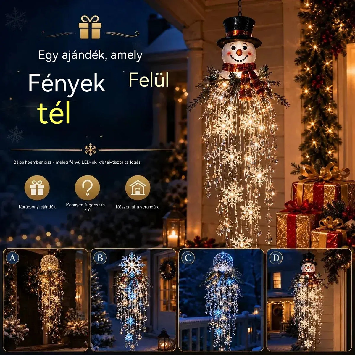 🔥50% KEDVEZMÉNY 🎅 Függeszthető karácsonyi hópehely és kristály LED-fény | Varázslatos fény a verandára ✨