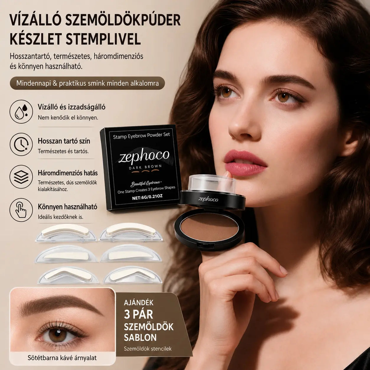 【CSAK MOST! 50% KEDVEZMÉNY!】💆‍♀️Szemöldökpúder és bélyegző készlet💖három pár szemöldök alakú bélyegzőt tartalmaz.