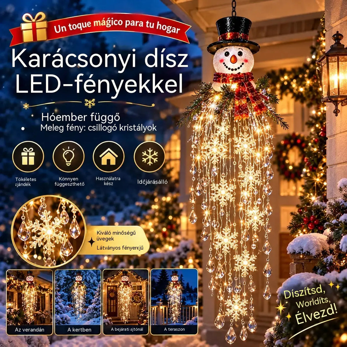 【50% KEDVEZMÉNY】 Függeszthető karácsonyi hópehely és kristály LED-fény | Varázslatos fény a verandára