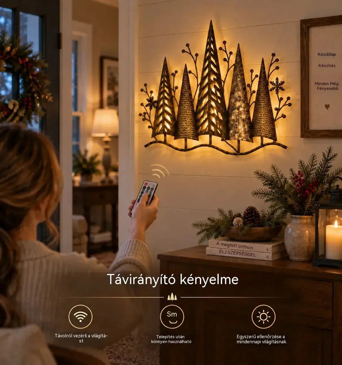 【Időszakos féláras ajánlat!】🎄🕯️ Erdőmotívummal és vintage ihletésű, megvilágított fém fali dekoráció 🌙