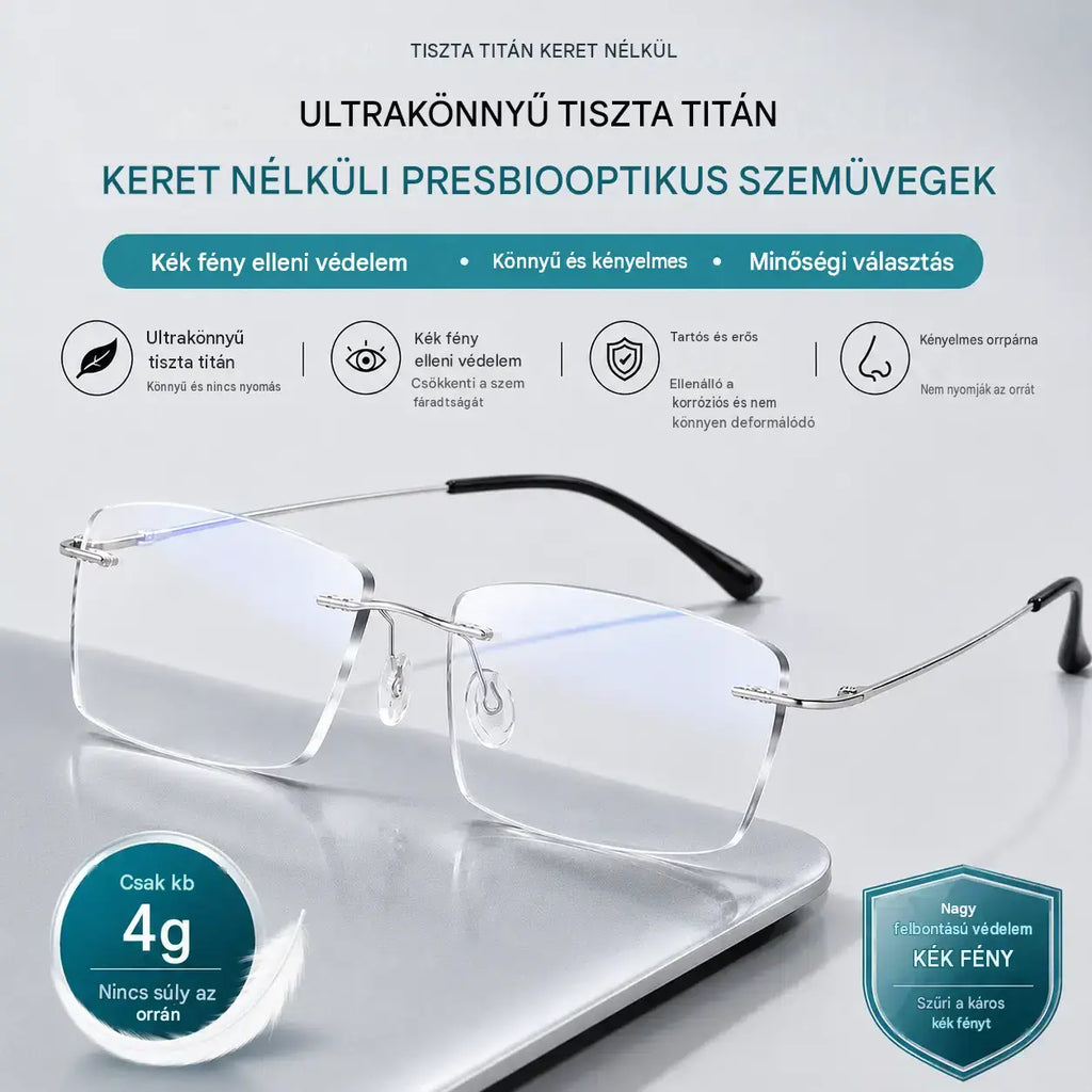 Kiváló minőségű, ultrakönnyű, keret nélküli, nagy felbontású, professzionális szemüveg kék fény elleni védelemmel - unisex