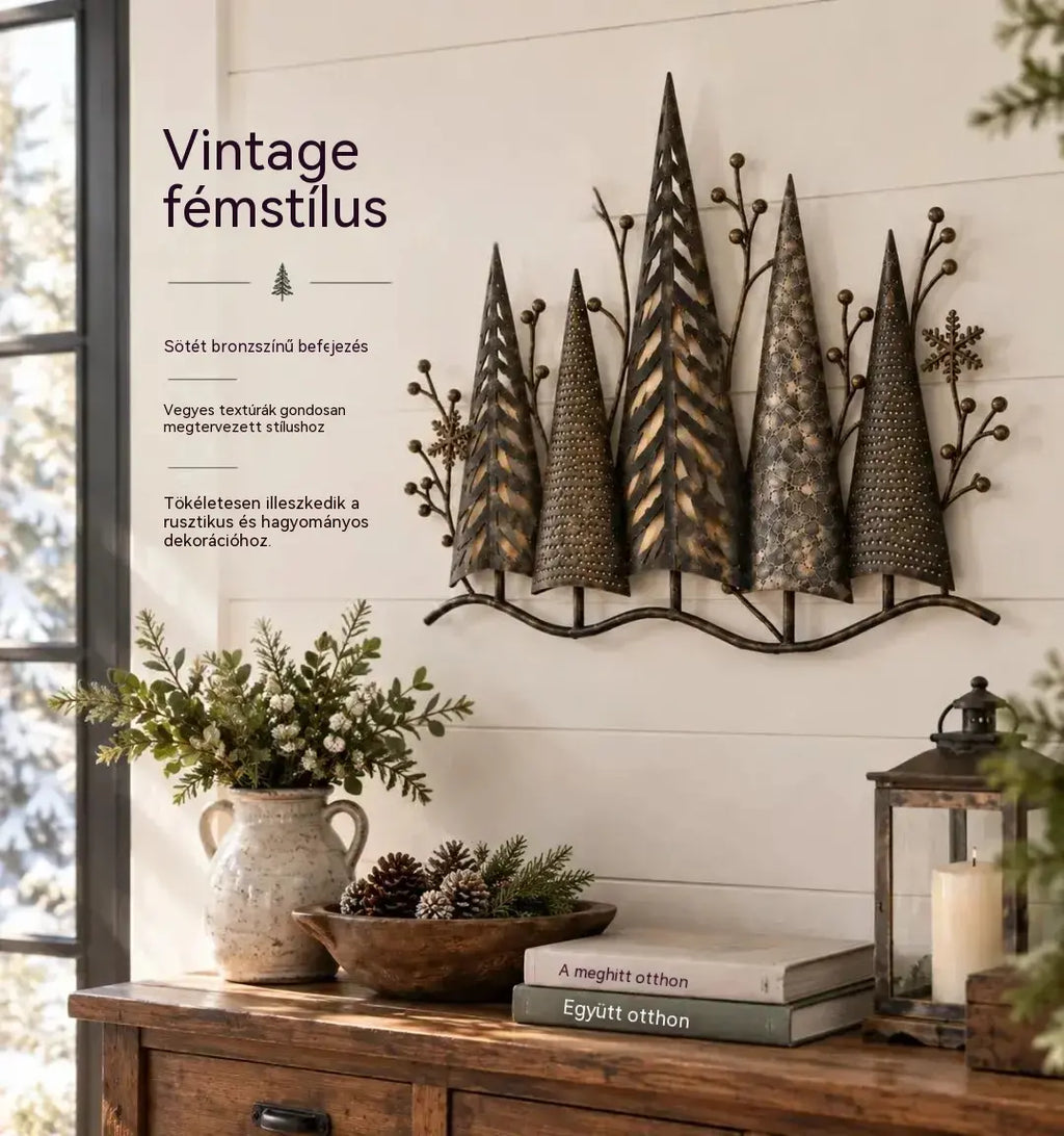 【Időszakos féláras ajánlat!】🎄🕯️ Erdőmotívummal és vintage ihletésű, megvilágított fém fali dekoráció 🌙
