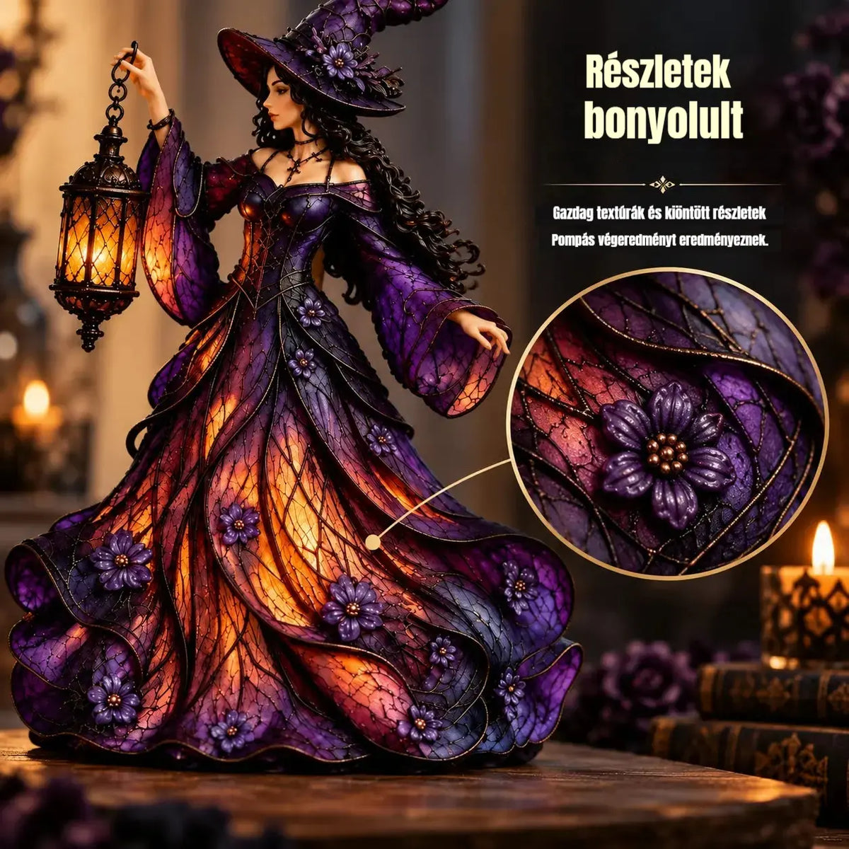 【Korlátozott ideig 50% kedvezmény!】🧙‍♀️ Gótikus halloweeni boszorkányfigura LED lámpással 🧙‍♀️
