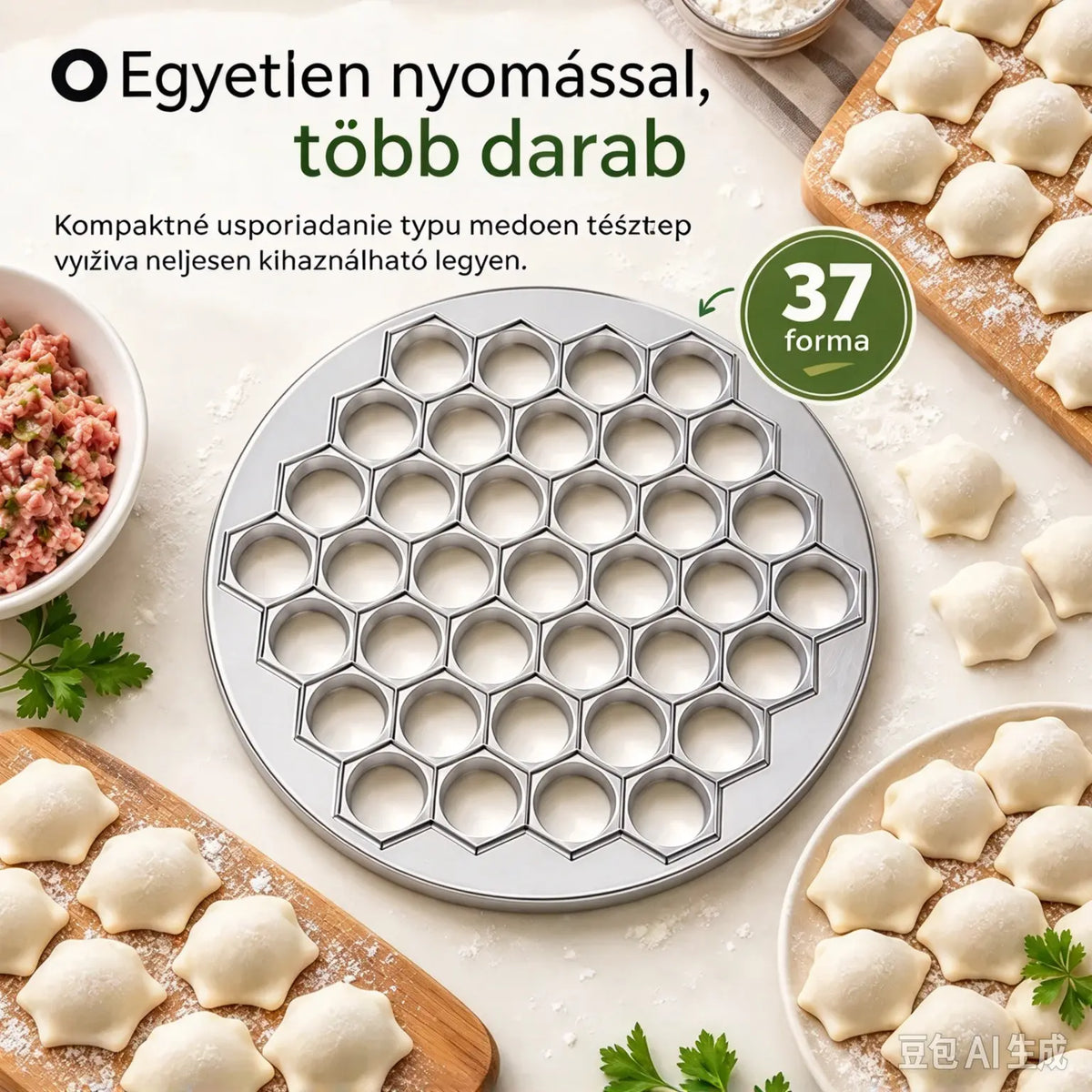 🥟 Készíts pierogit vagy pelmenit másodpercek alatt! 37 darabos forma · Egyetlen prés 37 egyforma darabot eredményez · Hatékony, gyors és könnyen tisztítható!
